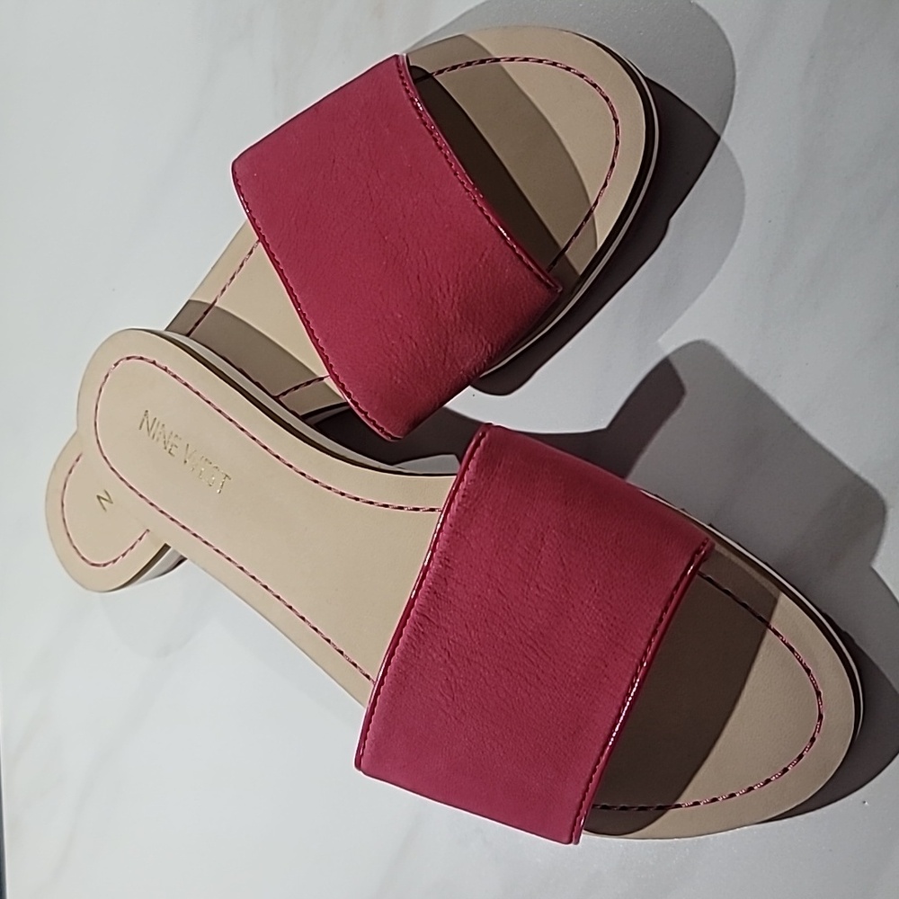 NINE WEST FUCHSIA LEATHER FLAT OPEN TOE SLIPPERS SLIDE SANDALS WOMENS SHOE 9.5M